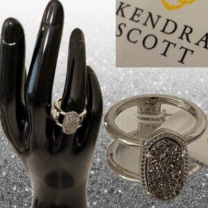 Kendra Scott Silver Rodium Plated Platinum Drusy Oval & Open Elyse Ring-Size-6